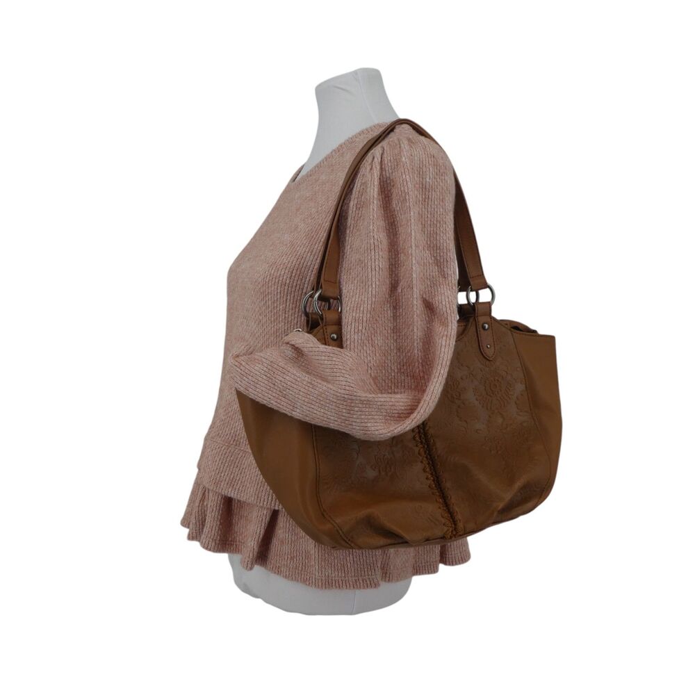The Sak Bolinas Caramel Brown Floral Embossed Leather Satchel Bucket Bag Purse - Picture 4 of 13
